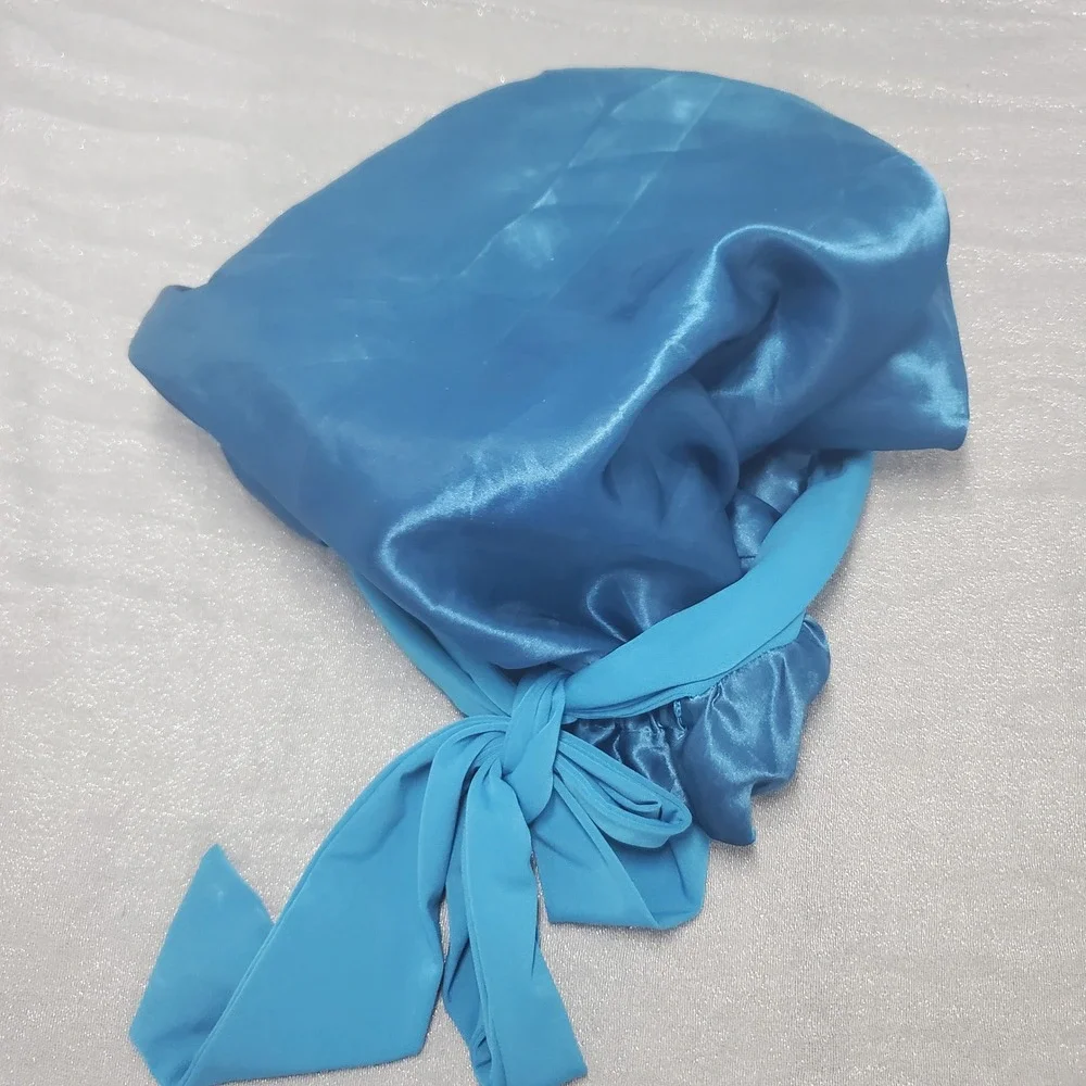 Turquoise Blue Satin Hair Bonnet Adjustable Tie‎ Band Sleep Cap Hair  Wrap